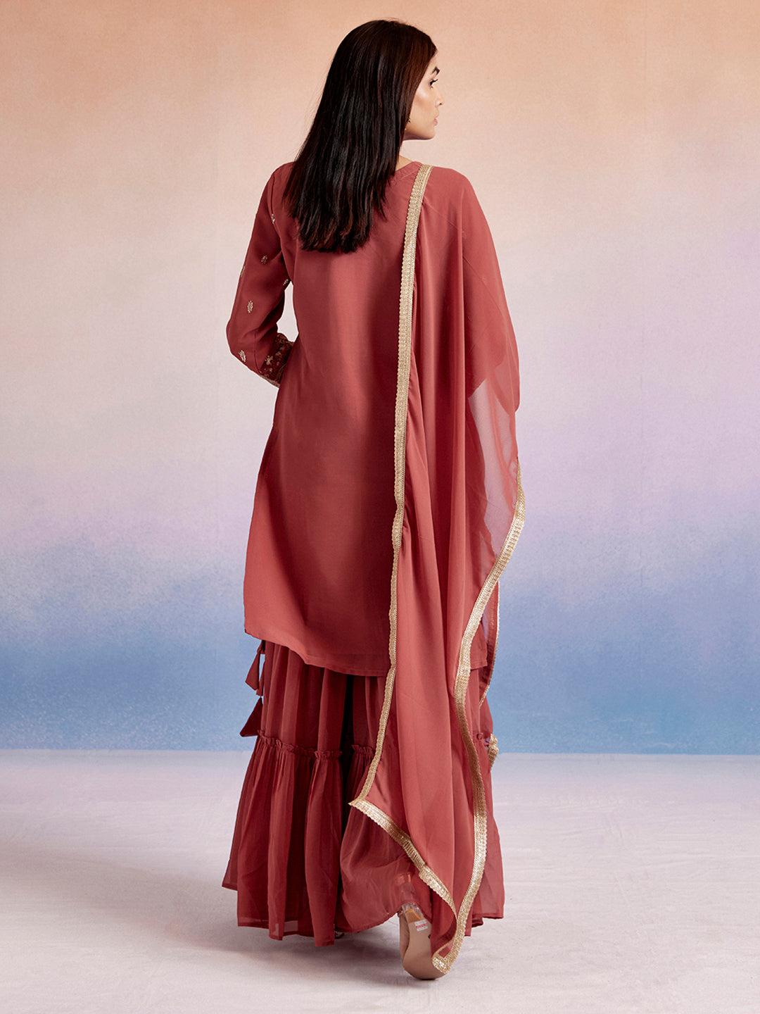 Embroidered Dusty Peach Straight Kurta With Sharara And Dupatta