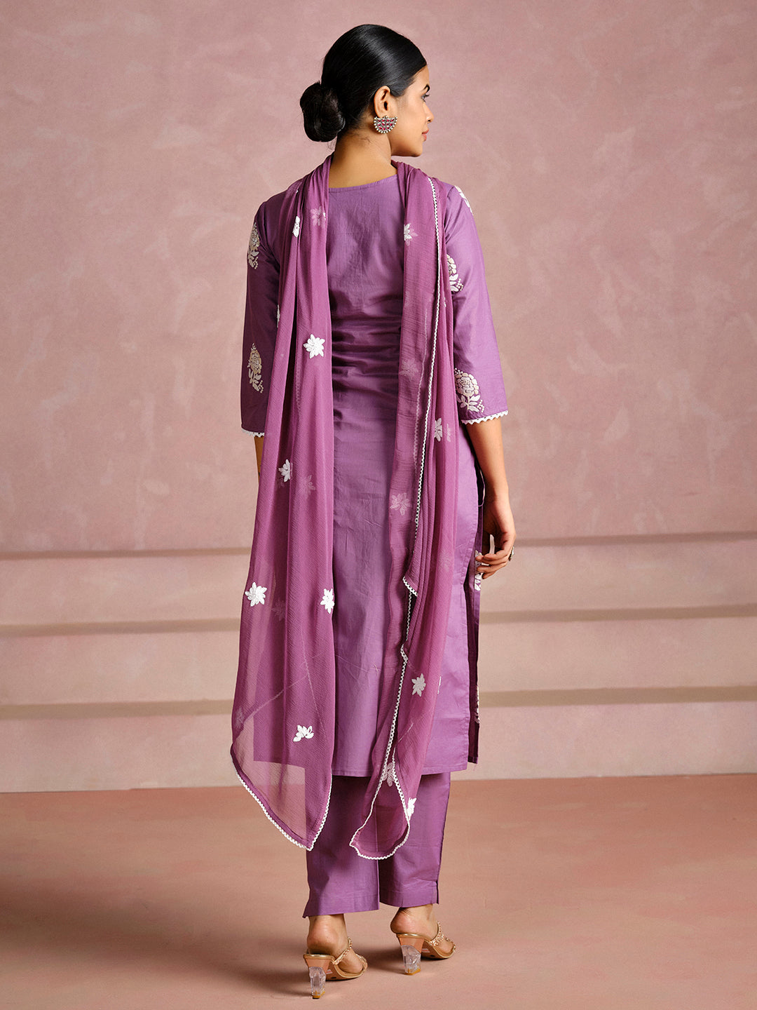 Dusty Purple Thread Embroidered Cotton Kurta Set With Dupatta