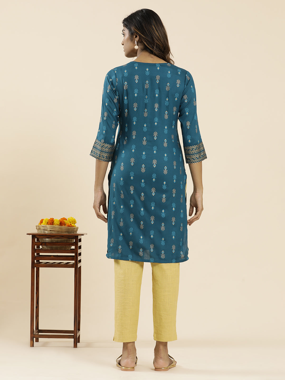 Teal Ethnic Printed Straight Kurta