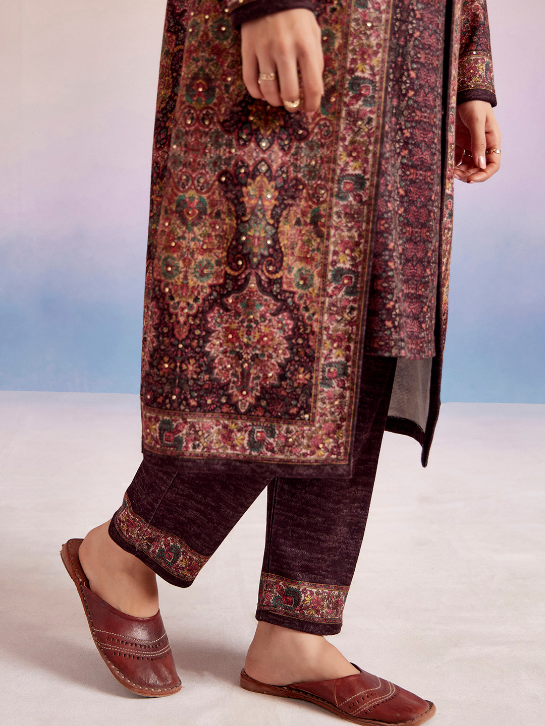 Wine Color Woolen Ethnic Printed Co-ord Set