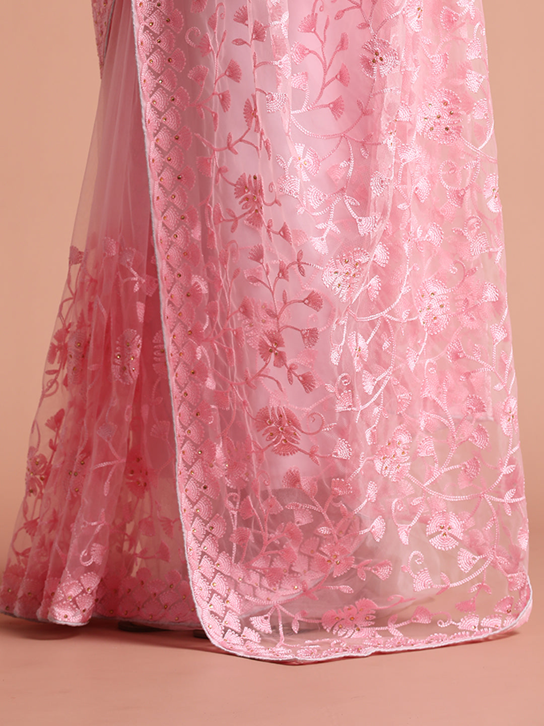 Baby Pink Party Wear Floral Embroidered Net Saree