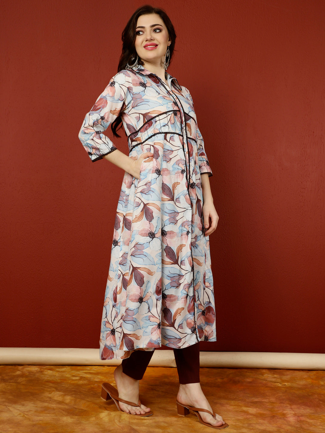 Floral Printed And Embroidered A-line Kurta