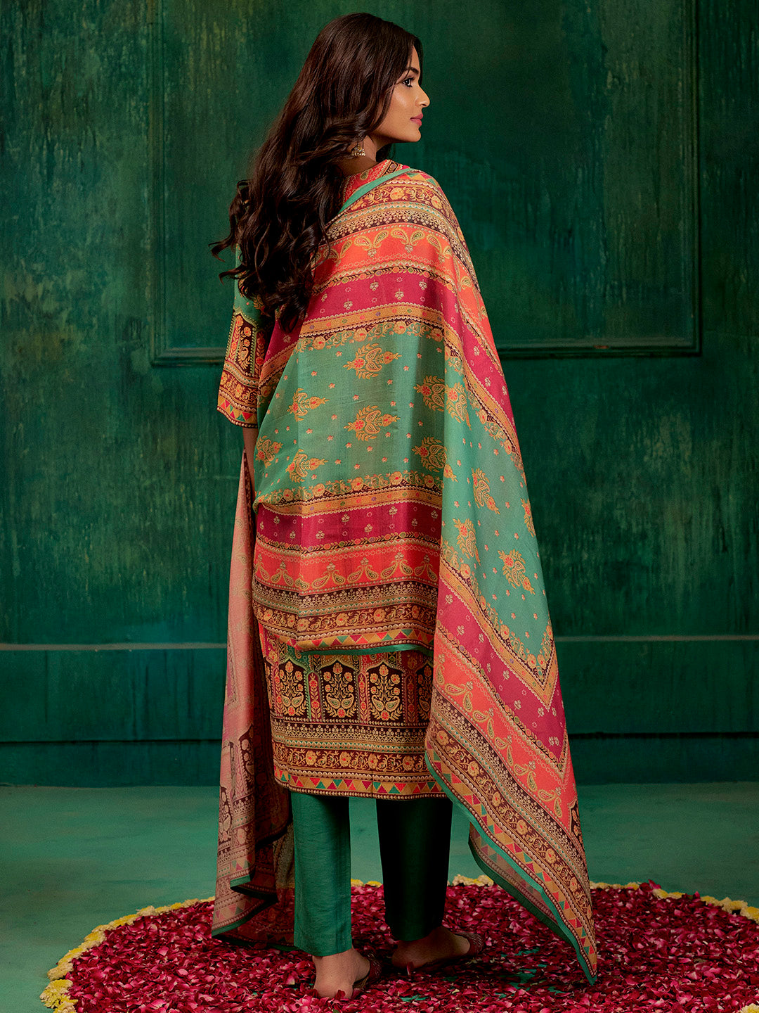 Sea Green Embellished Ethnic Printed Festive  Kurta Set With Dupatta