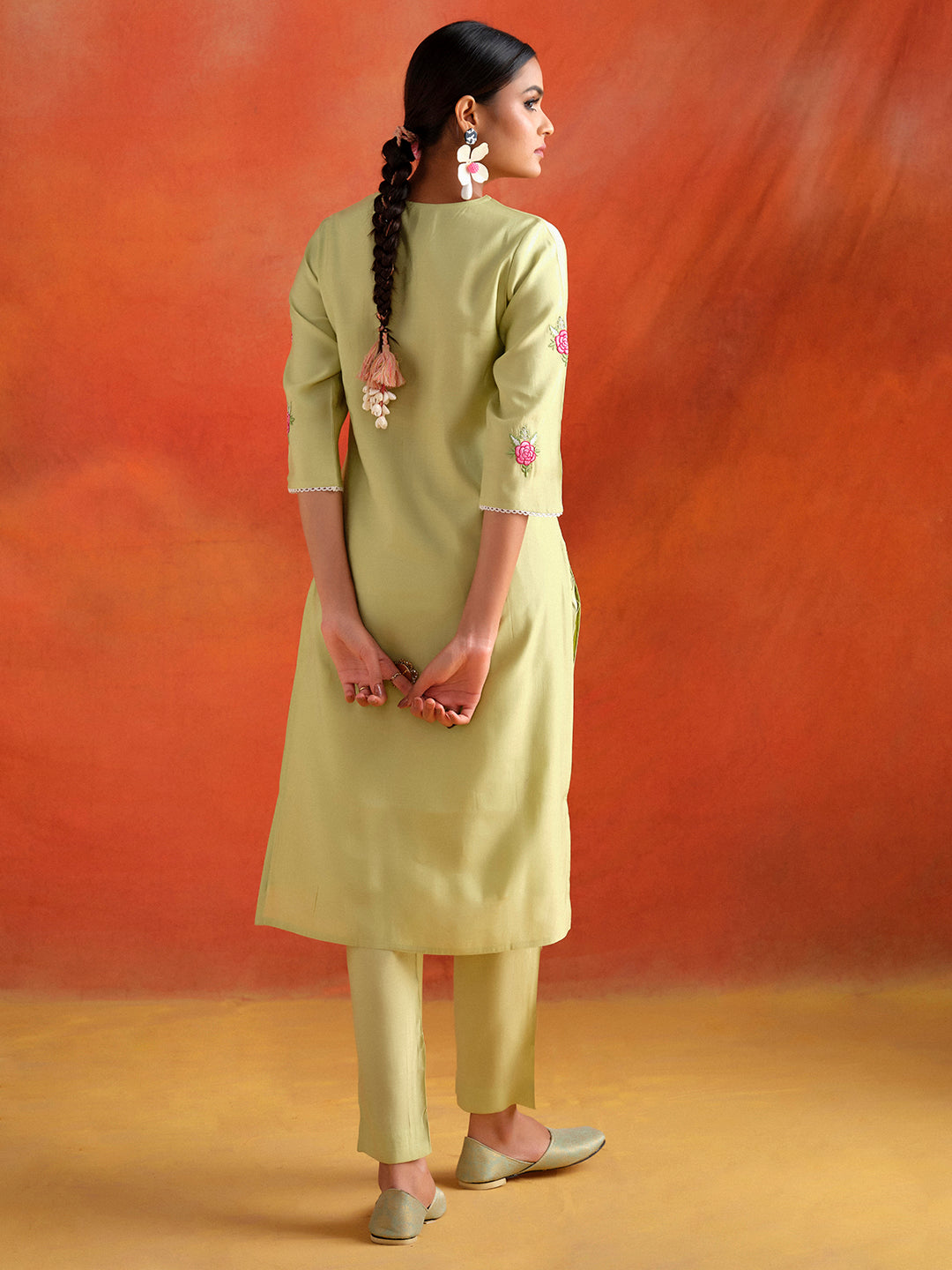 Lime Green Embroidered Viscose Chanderi Festive Kurta Set