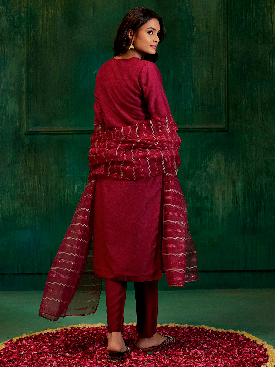 Maroon Festive Embroidered Poly Silk Kurta Set With Dupatta