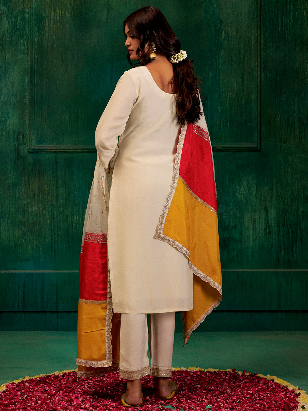 Cream & Mustard Zardozi Embroidered Festive Kurta Set With Dupatta