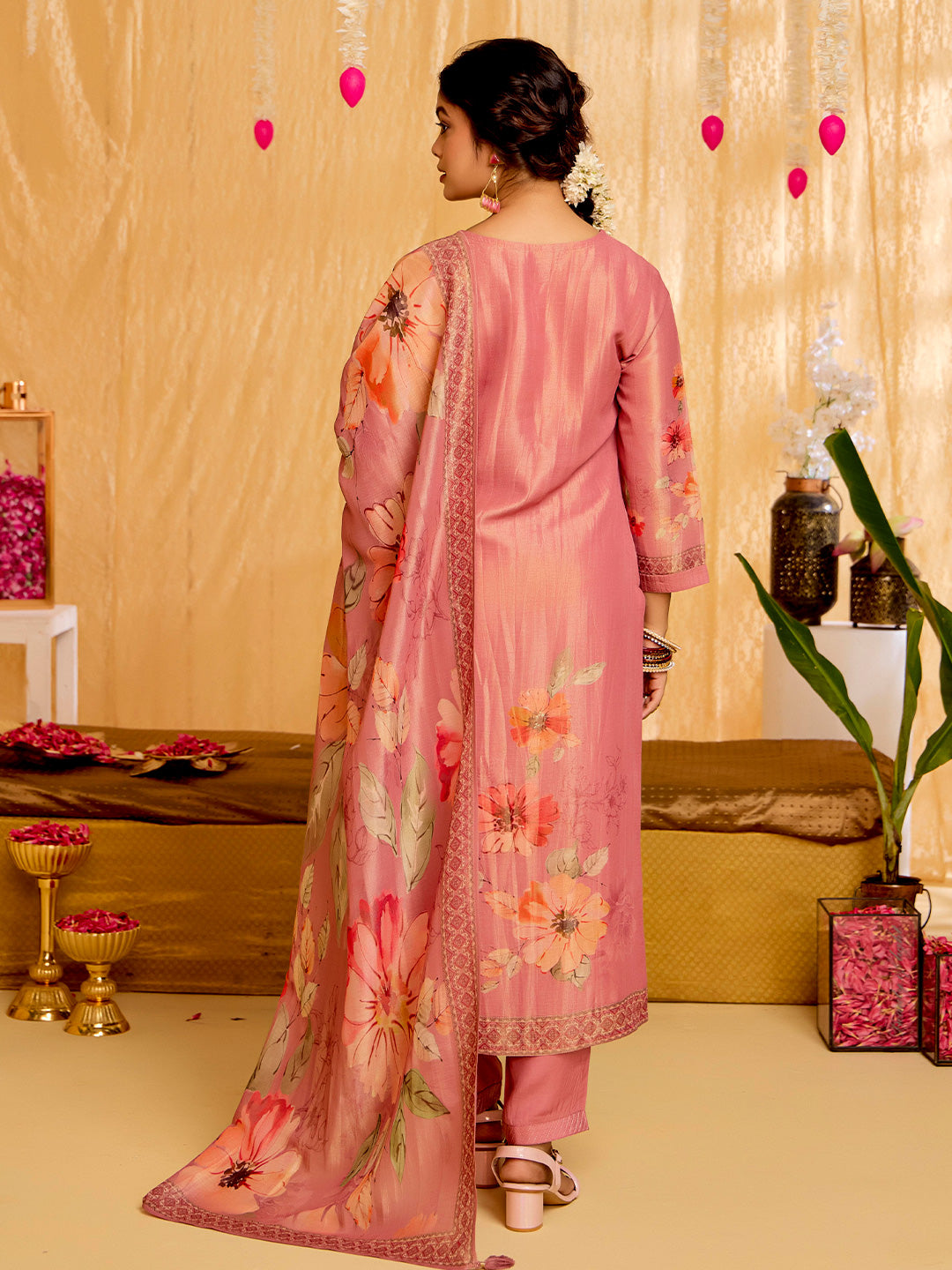 Peach Floral Printed Embroidered Kurta Set With Dupatta