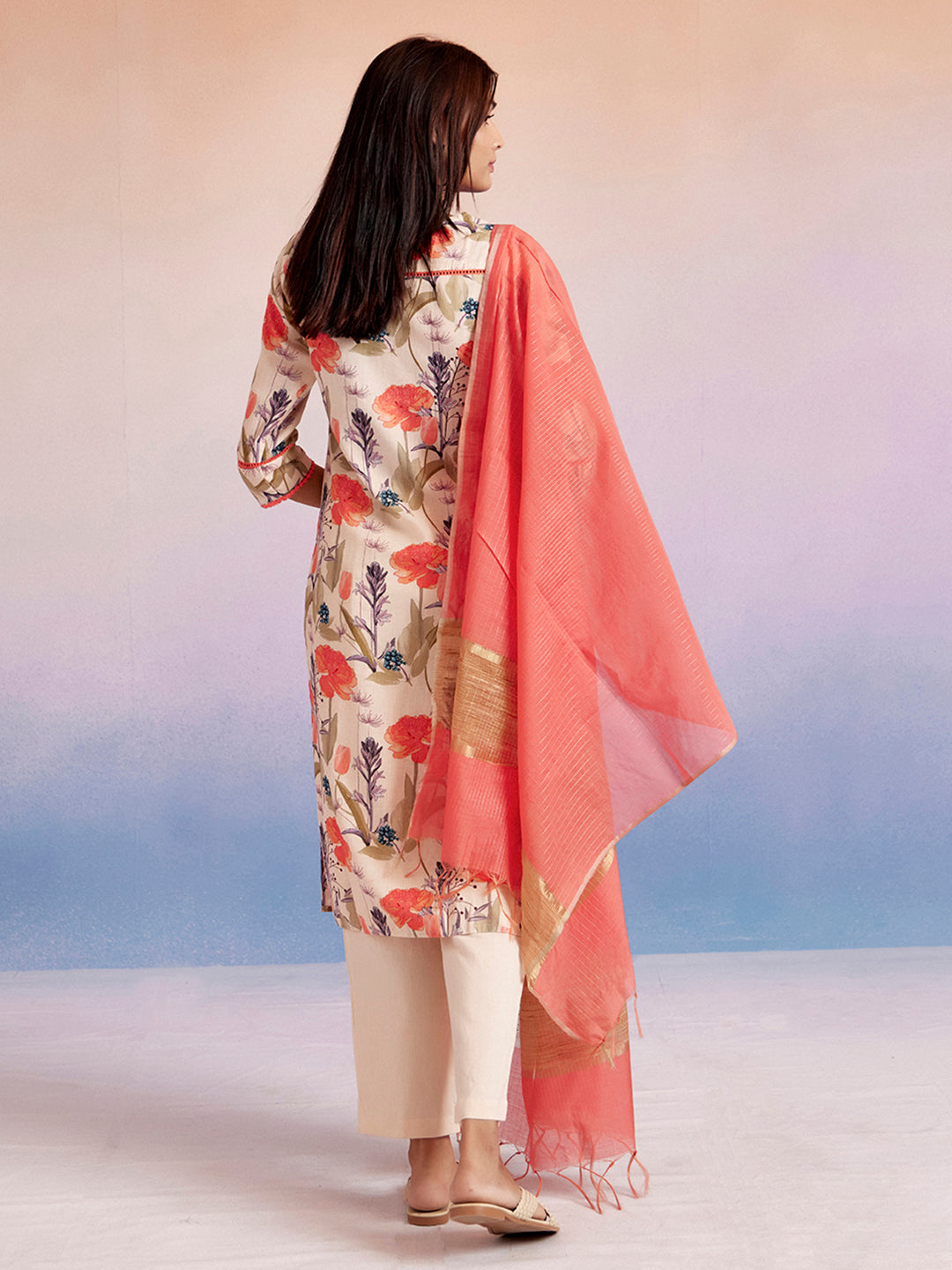 Coral Floral Cotton Straight Kurta Set With Dupatta