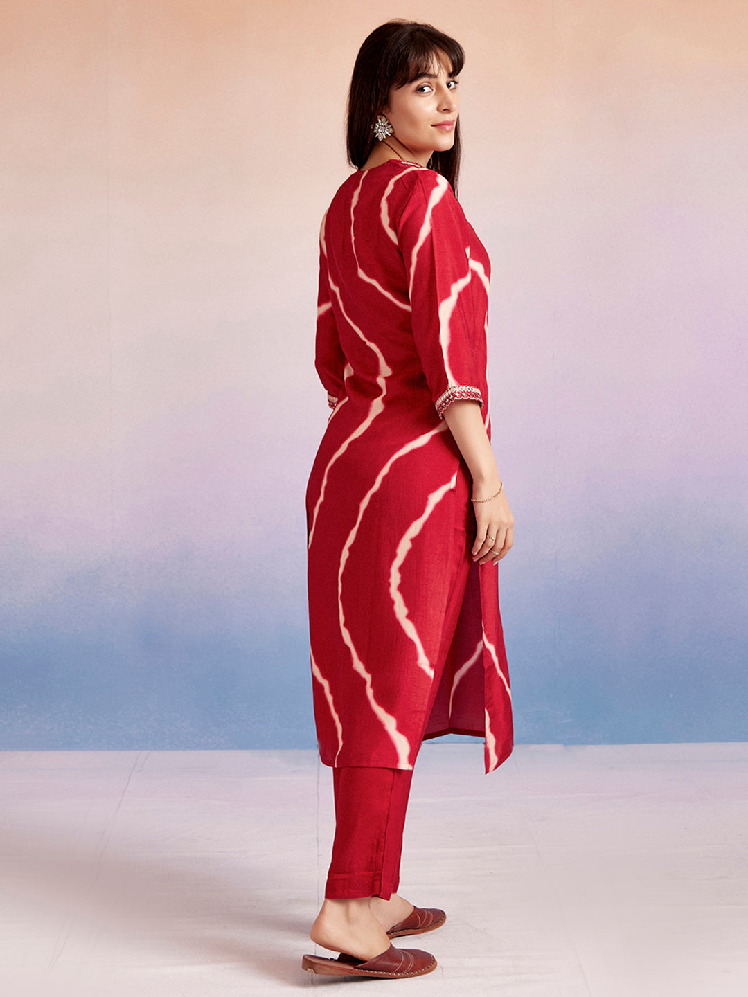 Red Embroidered Leheriya Kurta Set