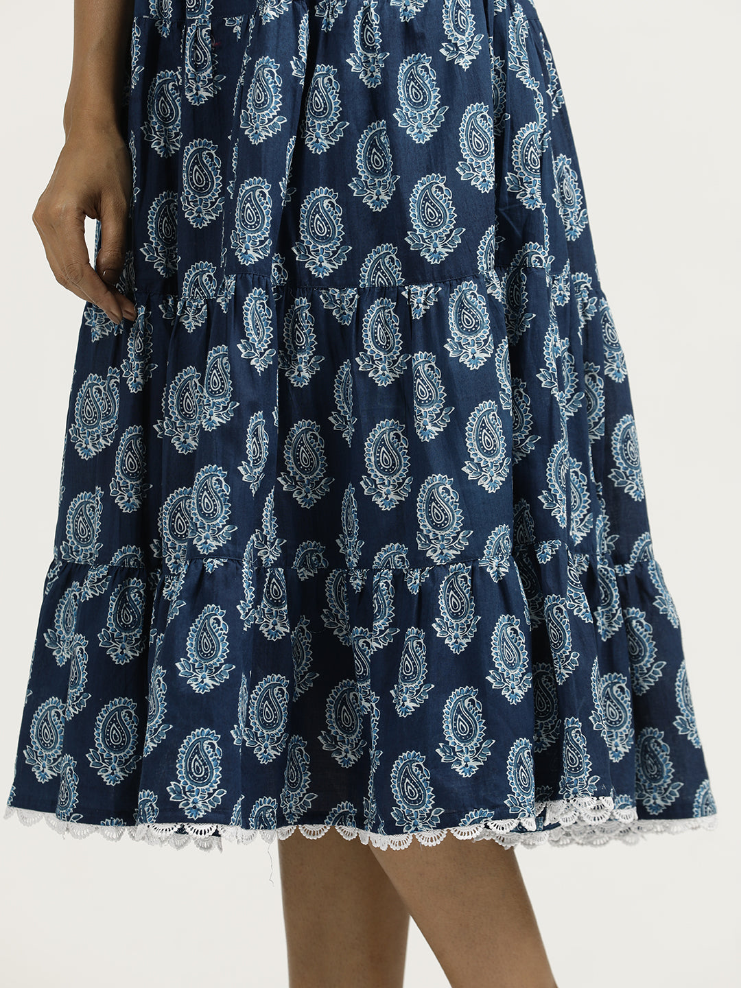 Paisley Indigo Blue Tier Cotton Dress With Belt