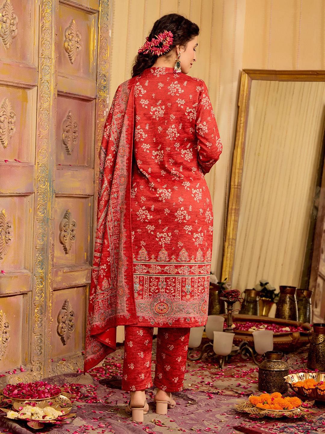 Red Woolen Ethnic Printed Kurta Set With Dupatta