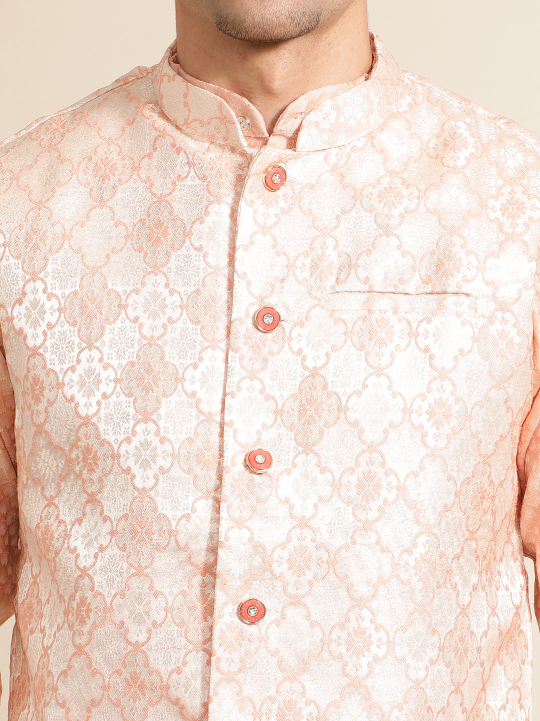 Peach Silk Blend Kurta With Woven Design Nehru Jacket Set