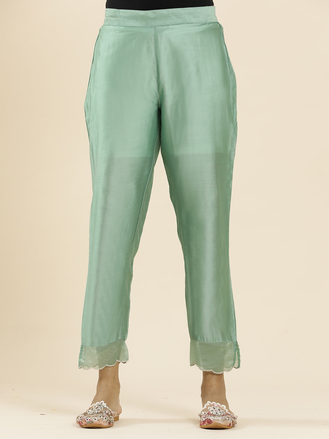 Sea Green Aari Work Straight Kurta With Pants And Dupatta