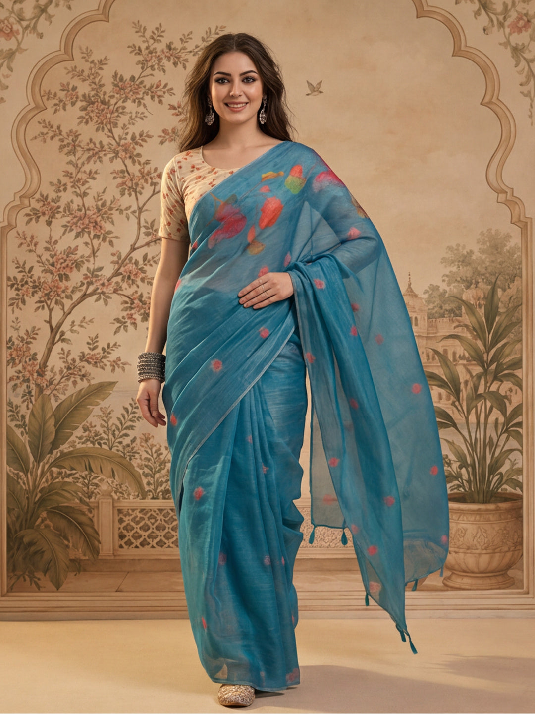 Teal Blue Eroad Silk Saree with Digital Floral Print Soft Lightweight Ethnic Festive Saree