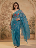 Teal Blue Eroad Silk Saree with Digital Floral Print Soft Lightweight Ethnic Festive Saree