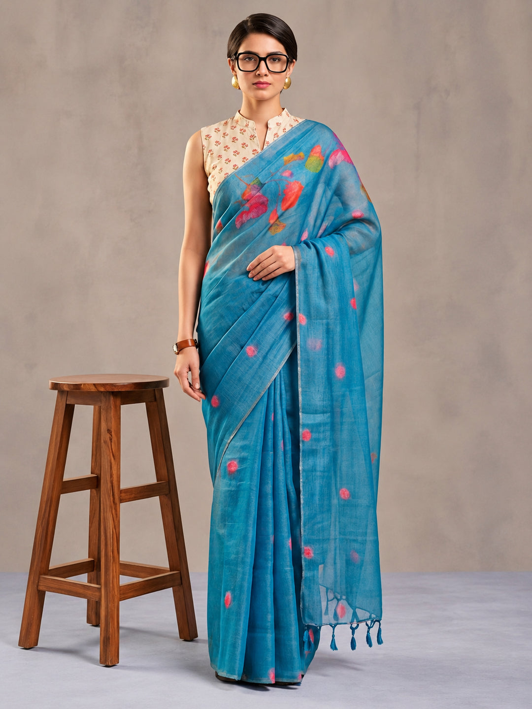 Teal Blue Eroad Silk Saree with Digital Floral Print Soft Lightweight Ethnic Festive Saree