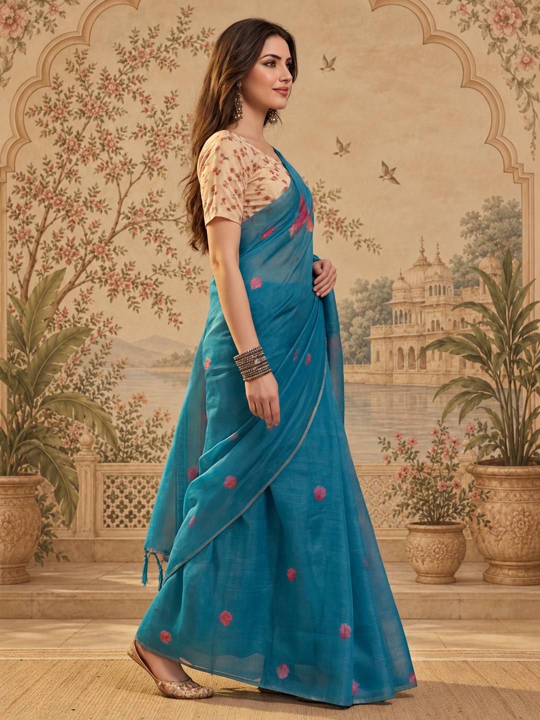 Teal Blue Eroad Silk Saree with Digital Floral Print Soft Lightweight Ethnic Festive Saree