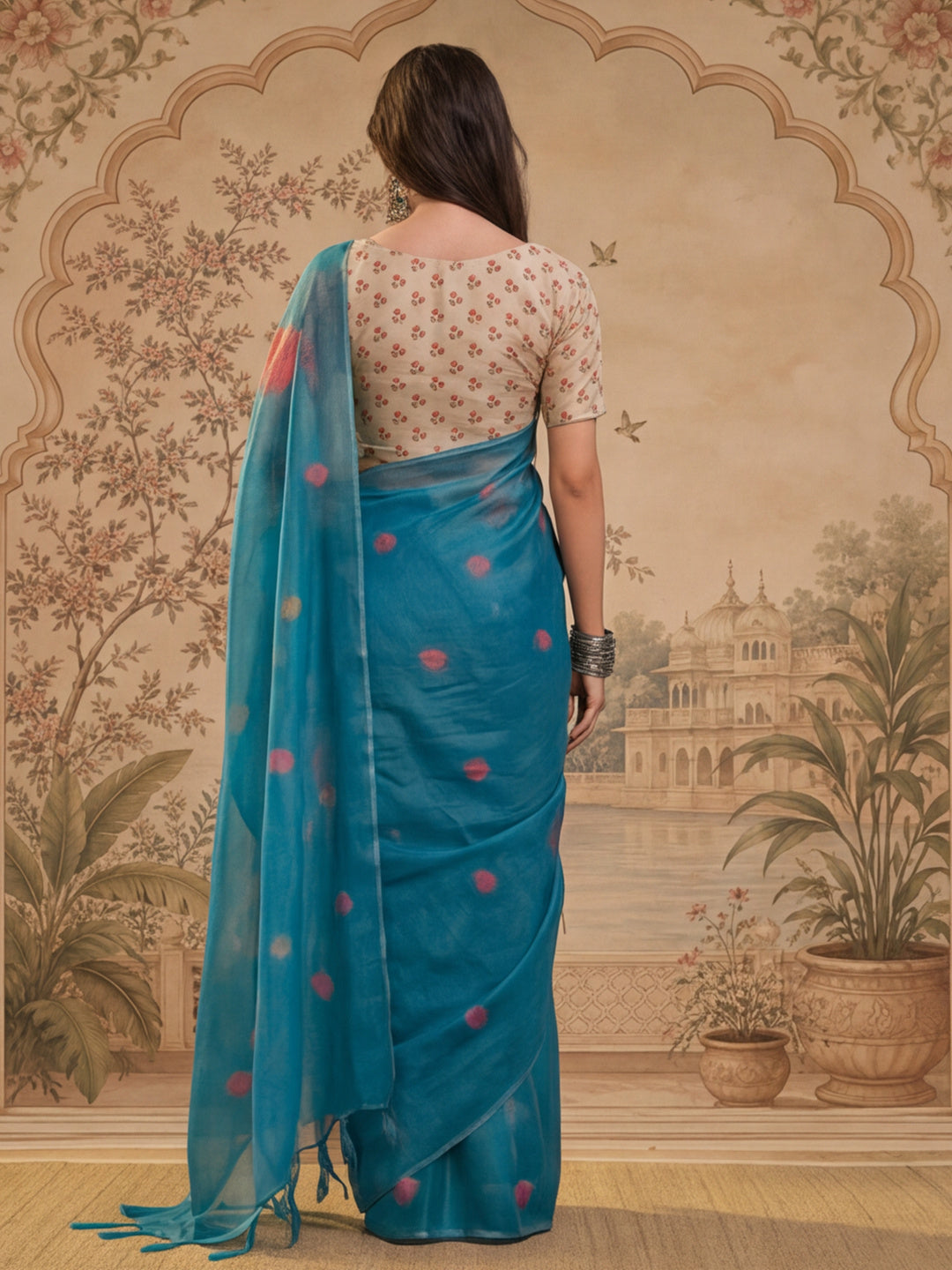 Teal Blue Eroad Silk Saree with Digital Floral Print Soft Lightweight Ethnic Festive Saree