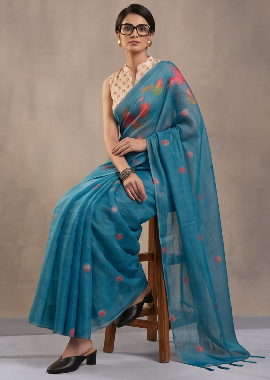 Teal Blue Eroad Silk Saree with Digital Floral Print Soft Lightweight Ethnic Festive Saree