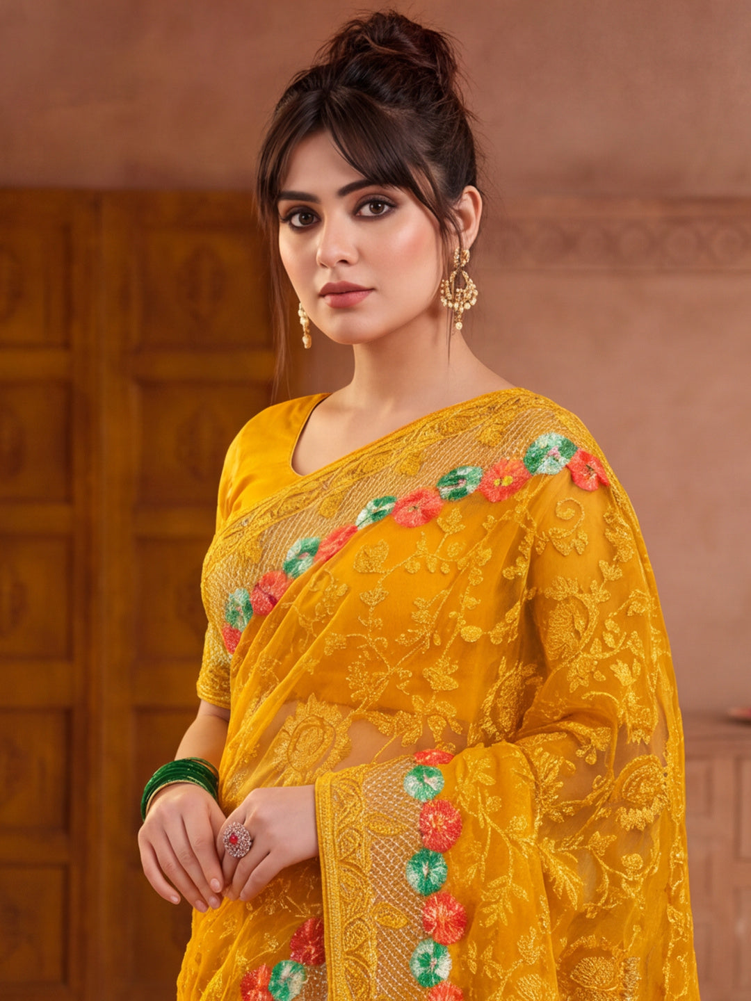 Jaipur Kurti Women'S Beautifull Embroidery Work Yellow Saree