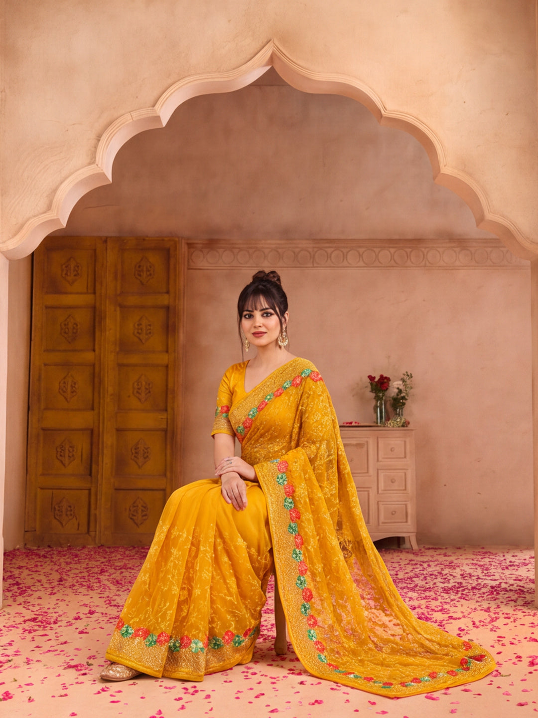 Jaipur Kurti Women'S Beautifull Embroidery Work Yellow Saree