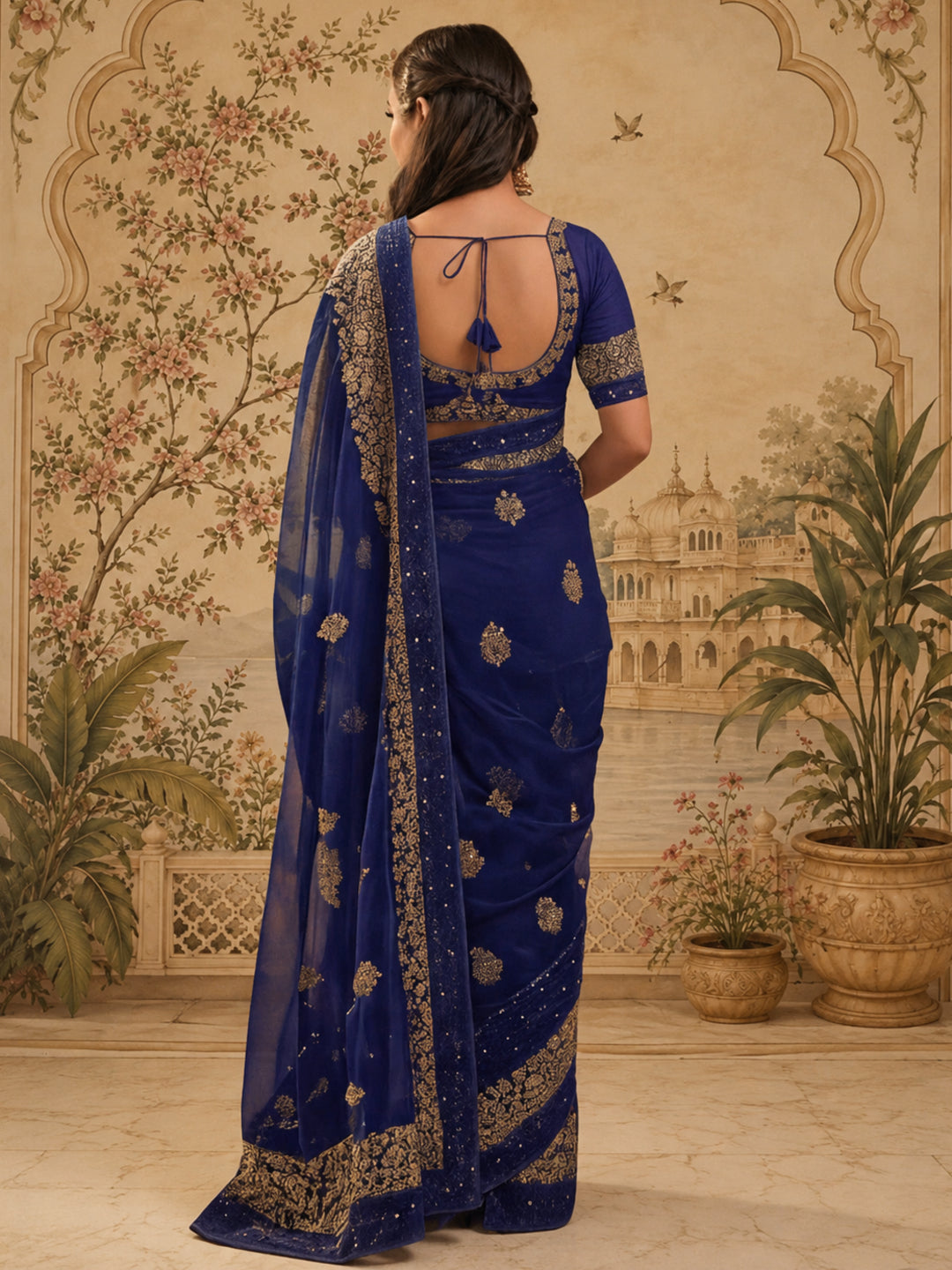 Jaipur Kurti Women'S Classic Embroidery Work Navy Blue Saree