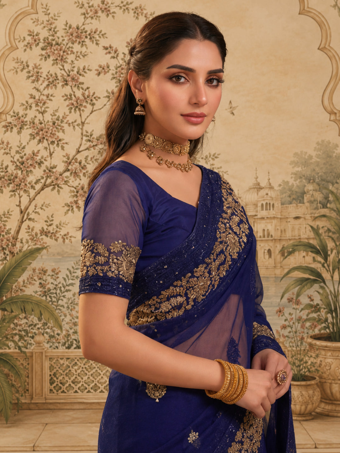 Jaipur Kurti Women'S Classic Embroidery Work Navy Blue Saree