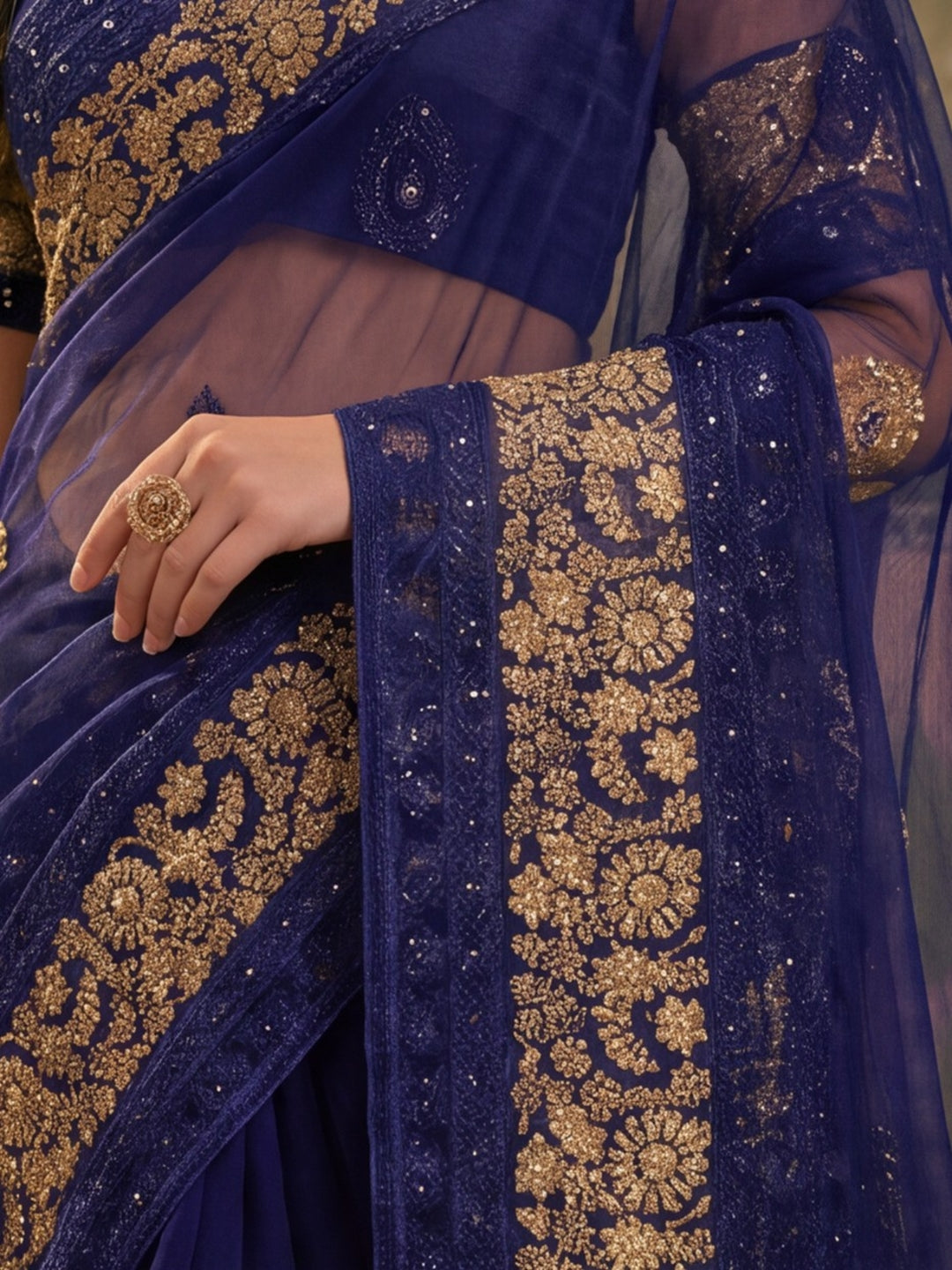 Jaipur Kurti Women'S Classic Embroidery Work Navy Blue Saree