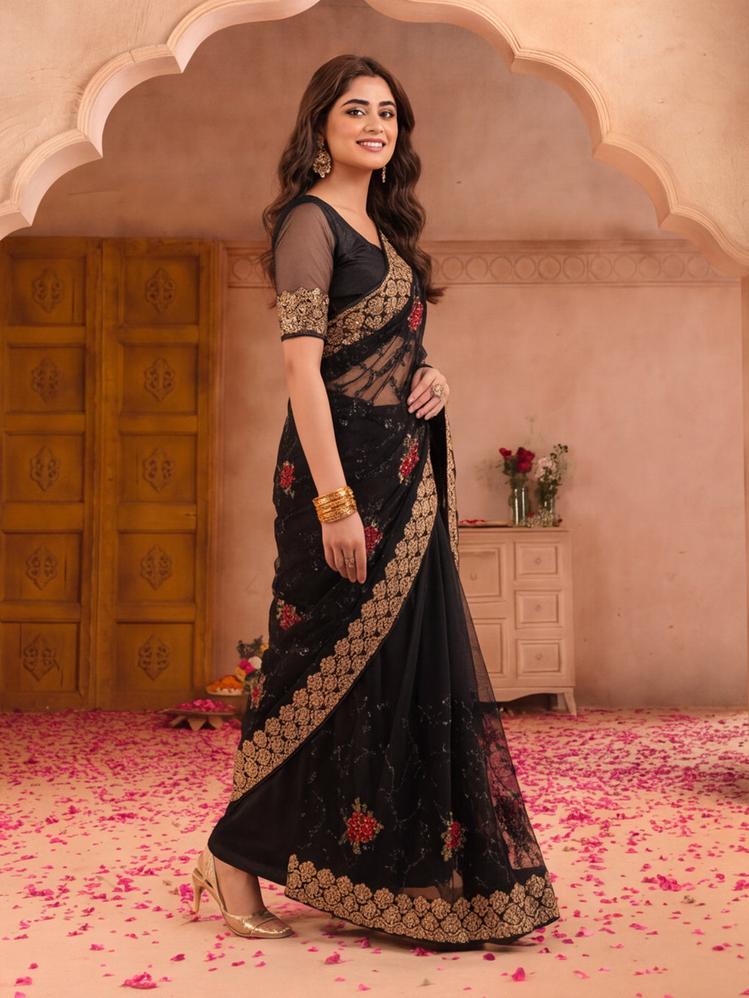 Jaipur Kurti Women'S Dashing Embroidery Work Black Saree