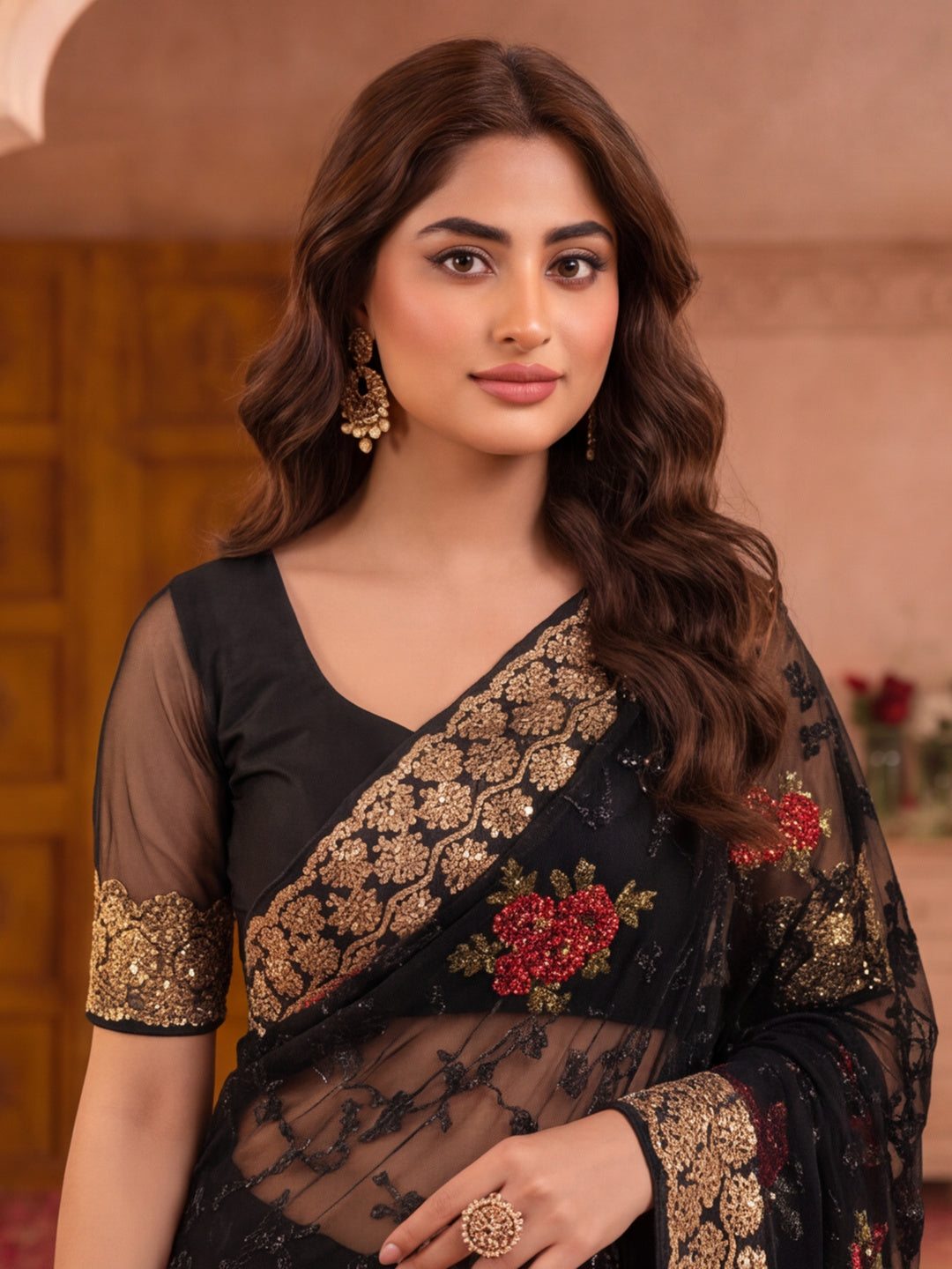 Jaipur Kurti Women'S Dashing Embroidery Work Black Saree
