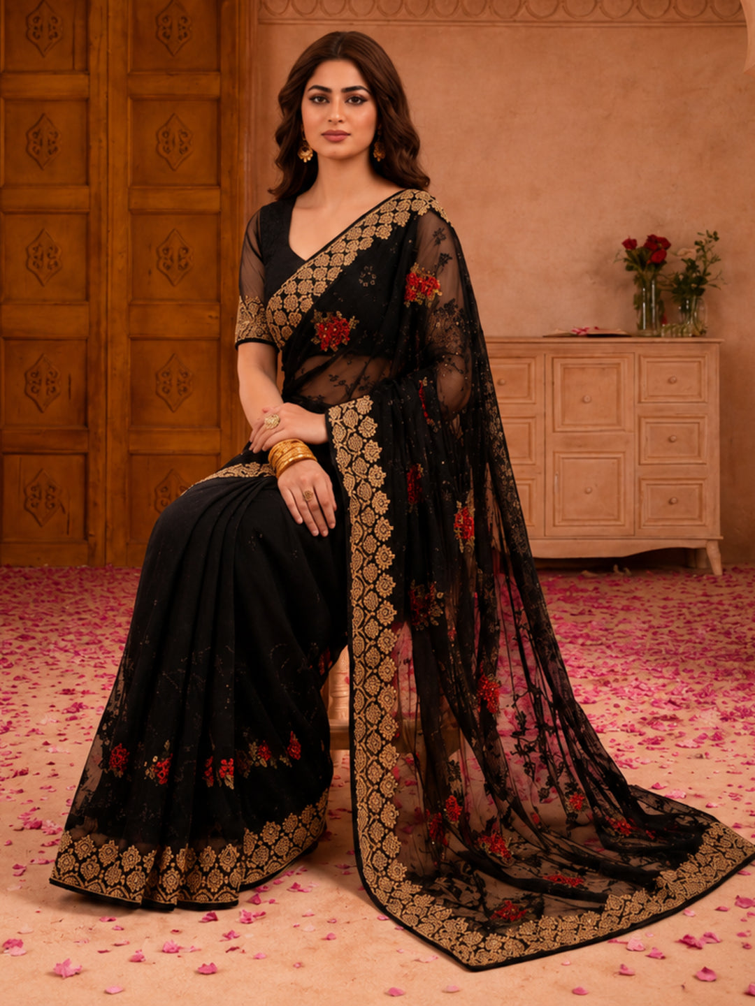 Jaipur Kurti Women'S Dashing Embroidery Work Black Saree