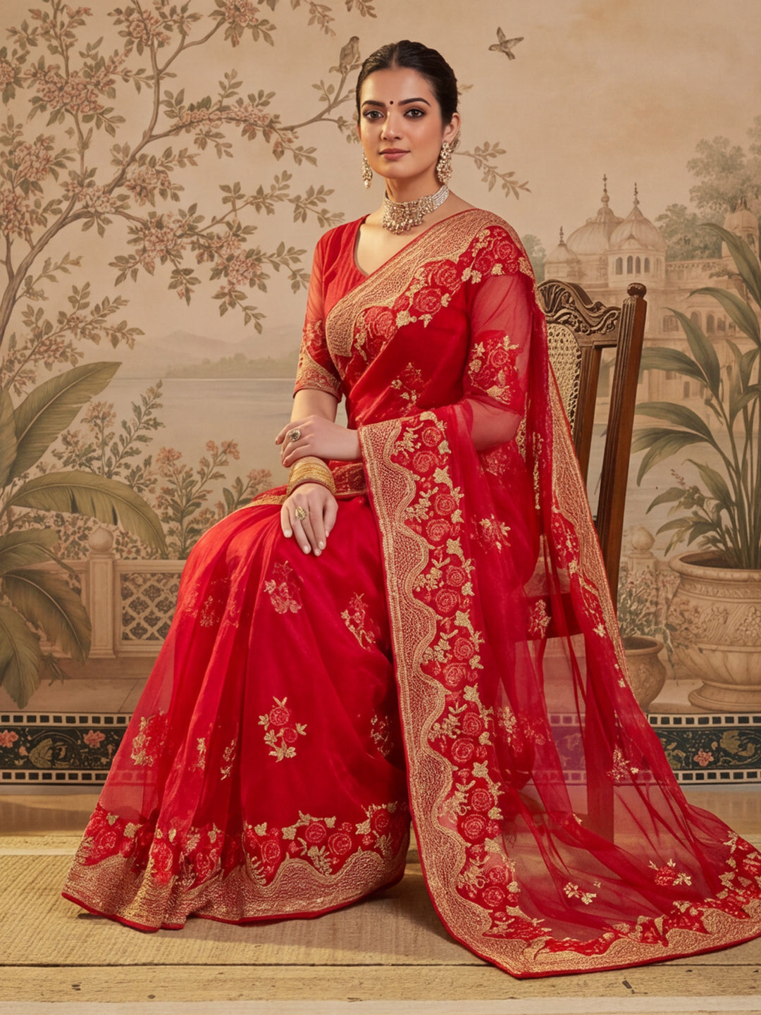 Jaipur Kurti Women'S Clasic Embroidery Work Red Saree