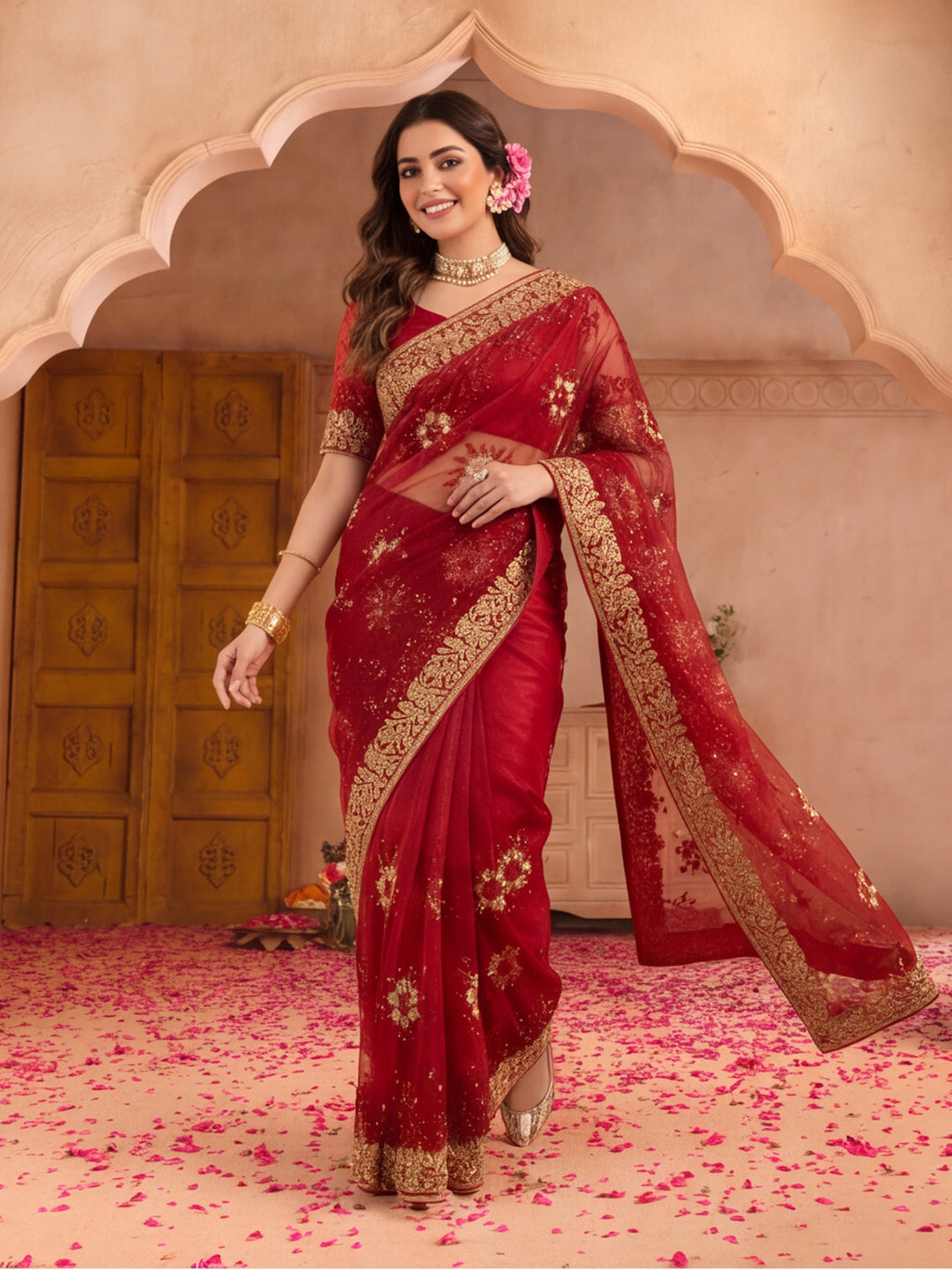 Jaipur Kurti Women'S Fancy Embroidery Work Maroon Saree