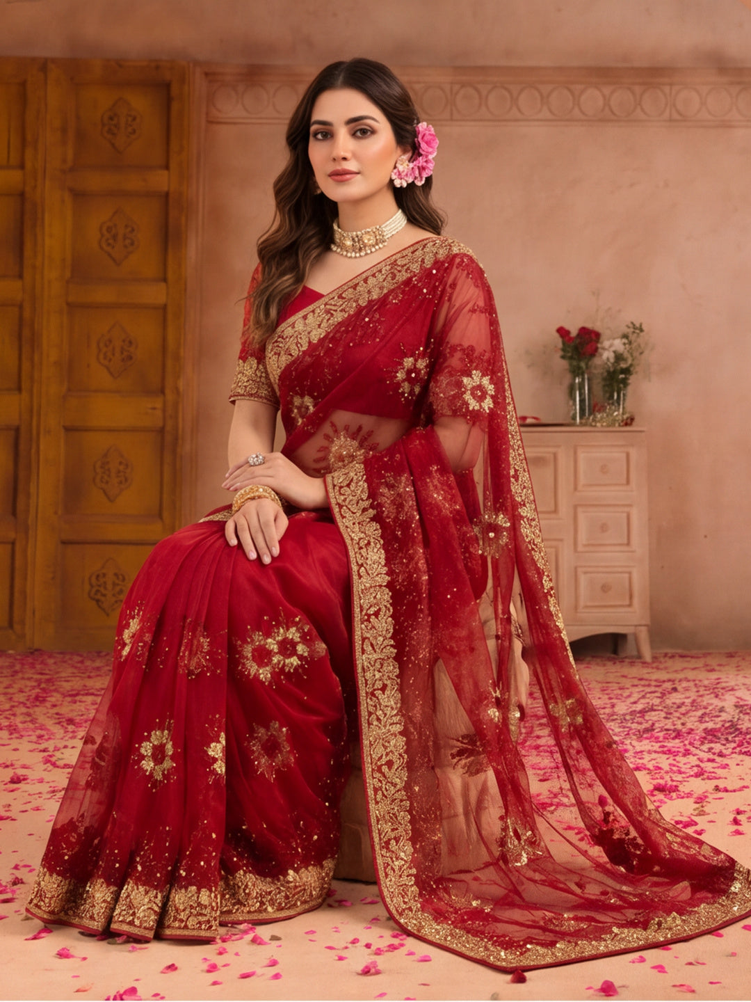 Jaipur Kurti Women'S Fancy Embroidery Work Maroon Saree