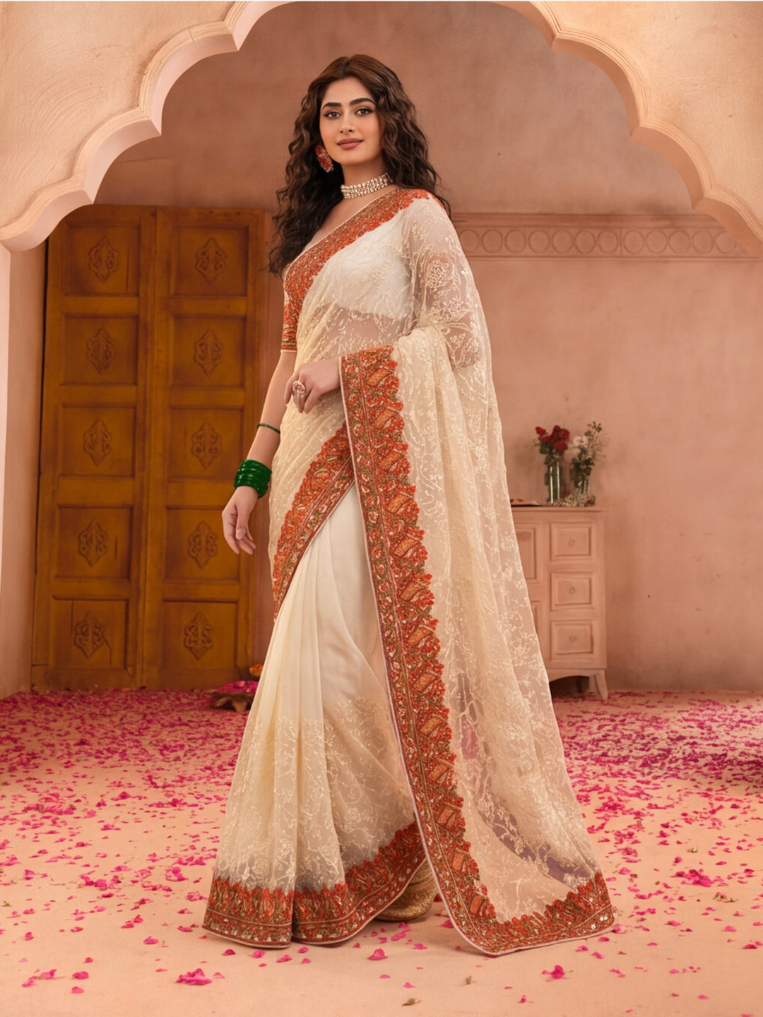 Jaipur Kurti Women'S Stylish Embroidery Work White Saree