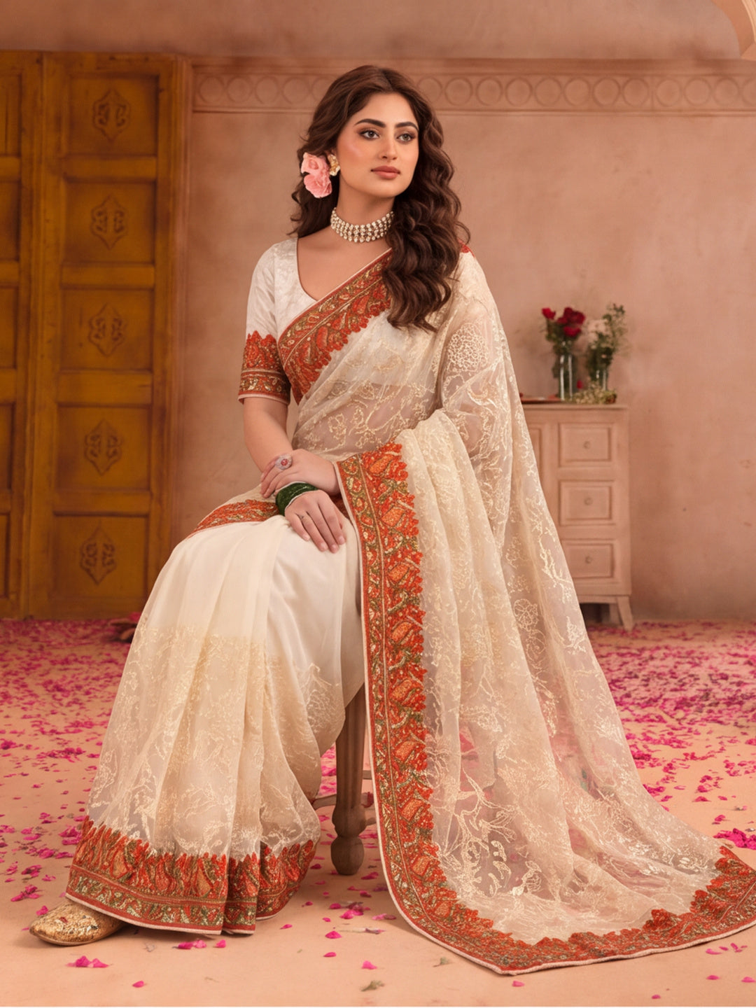 Jaipur Kurti Women'S Stylish Embroidery Work White Saree