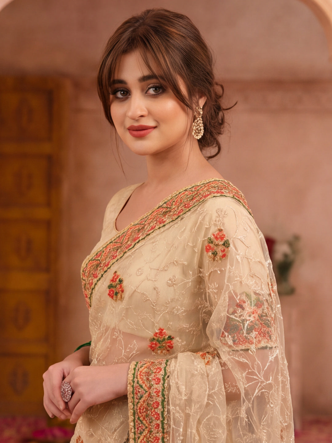 Jaipur Kurti Women'S Preety Embroidery Work Chiku Saree