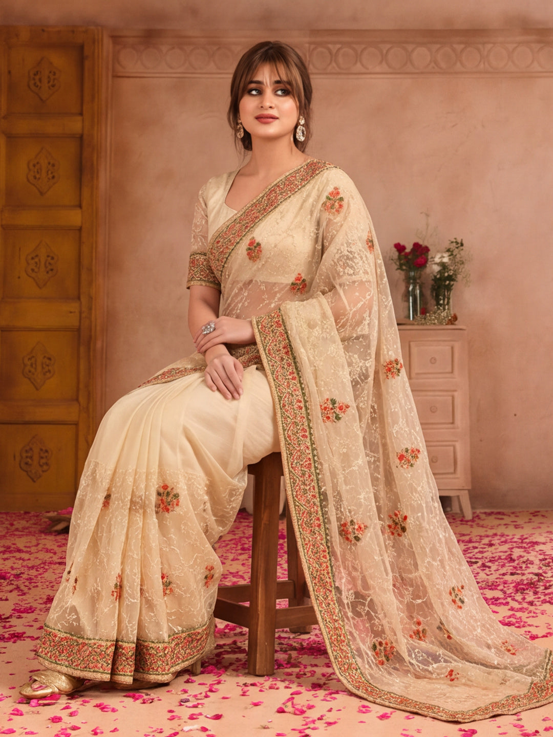 Jaipur Kurti Women'S Preety Embroidery Work Chiku Saree