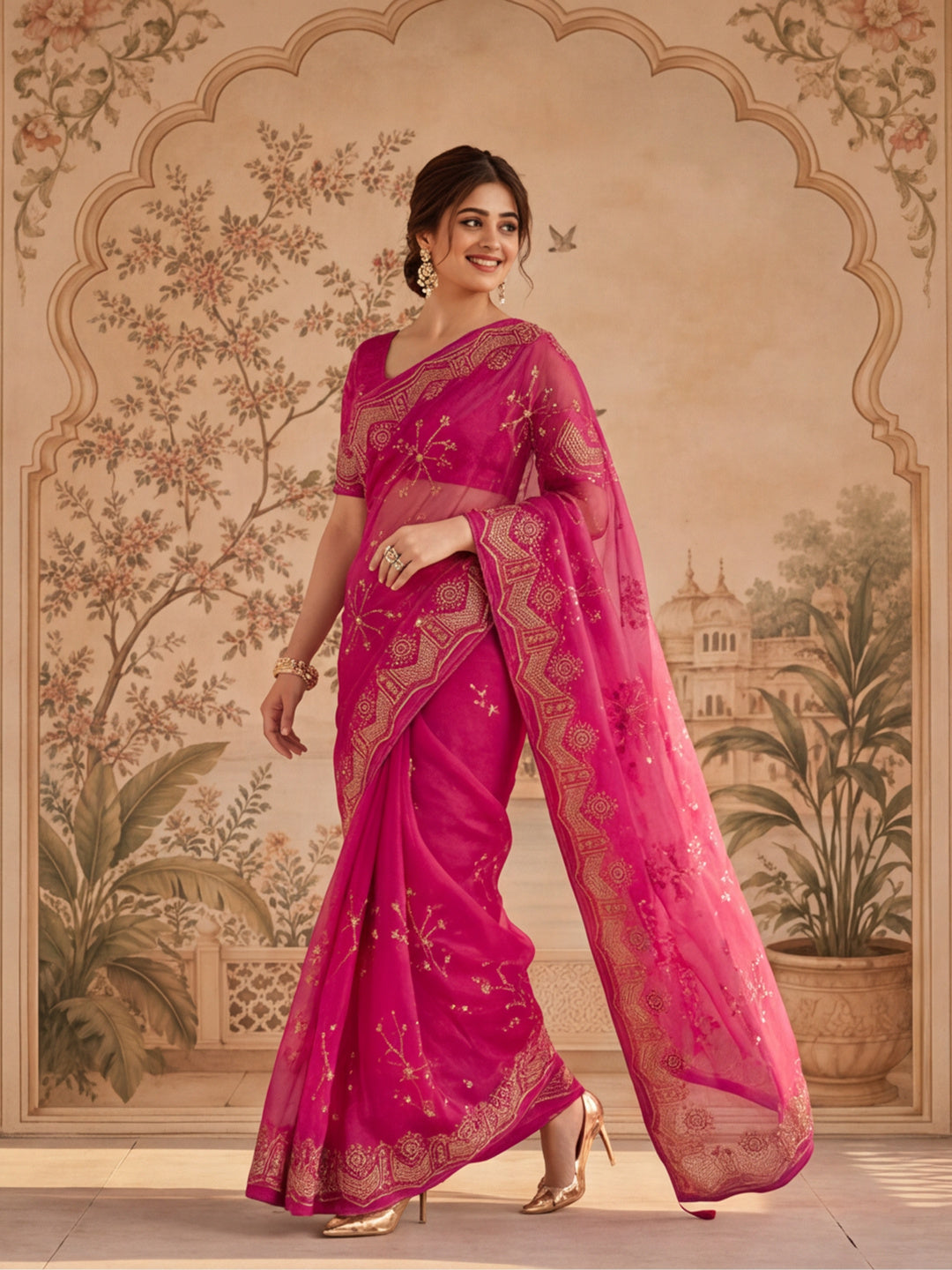 Jaipur Kurti Women'S Lovely Embroidery Work Pink Saree