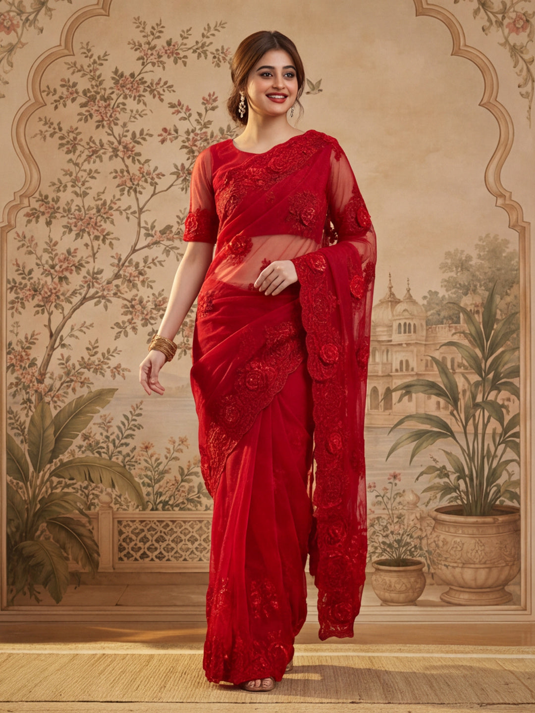 Jaipur Kurti Women'S Designer Embroderied Work Red Saree