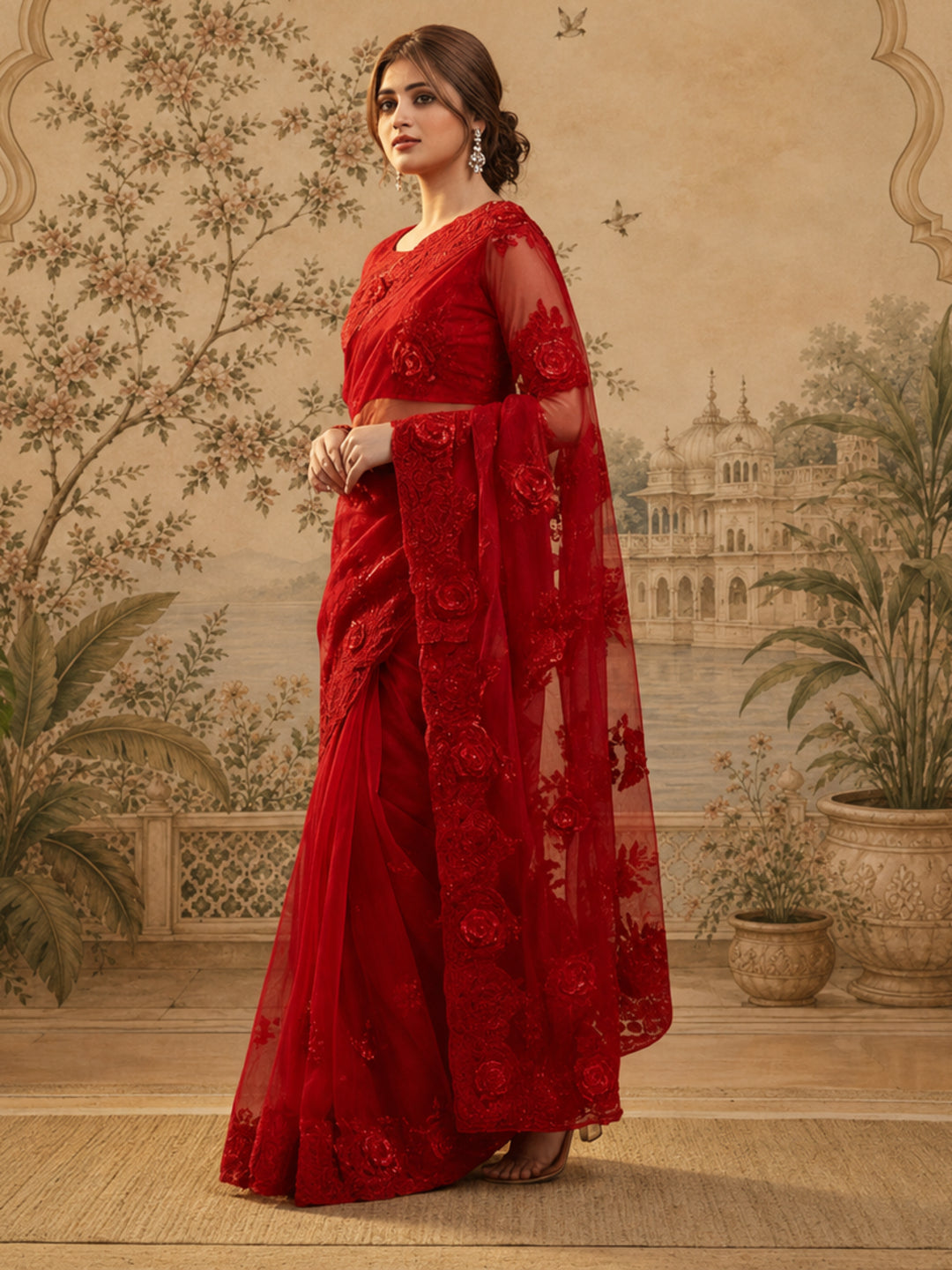 Jaipur Kurti Women'S Designer Embroderied Work Red Saree