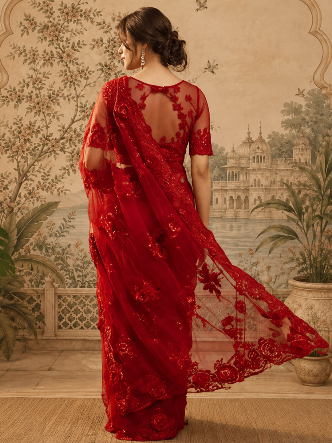 Jaipur Kurti Women'S Designer Embroderied Work Red Saree