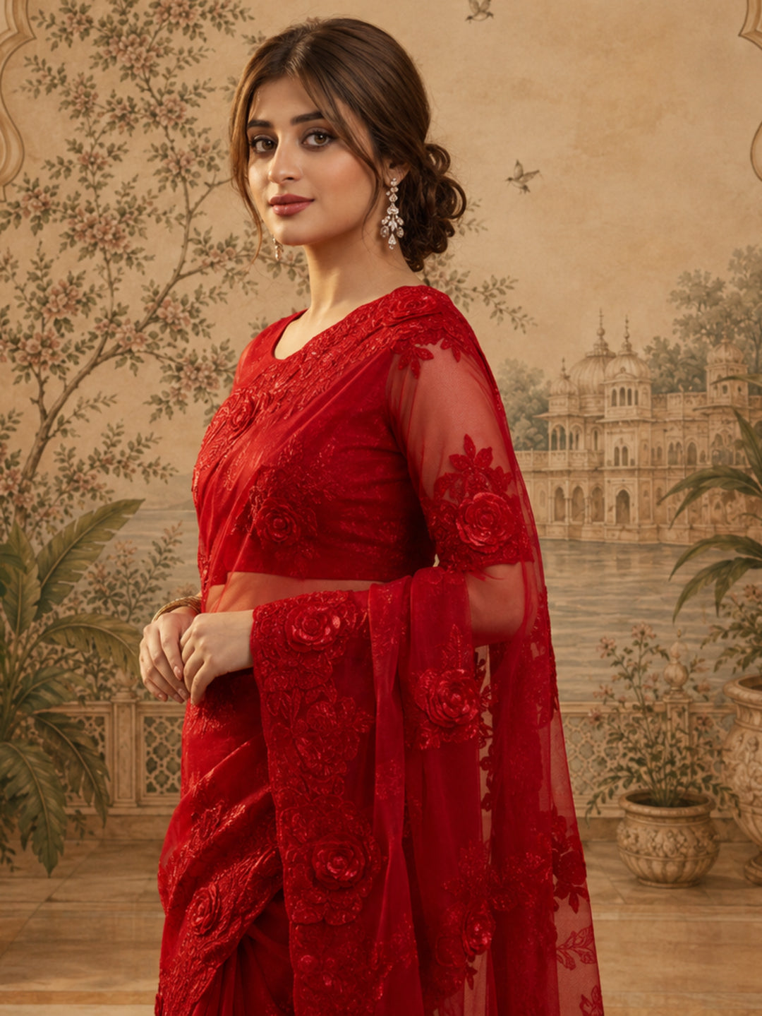 Jaipur Kurti Women'S Designer Embroderied Work Red Saree