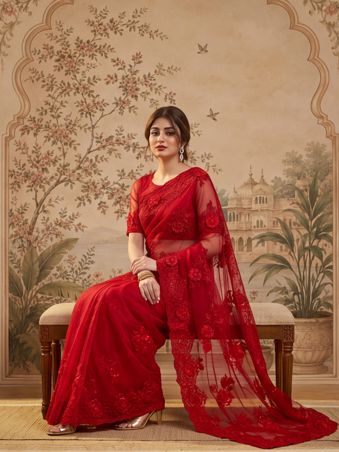 Jaipur Kurti Women'S Designer Embroderied Work Red Saree