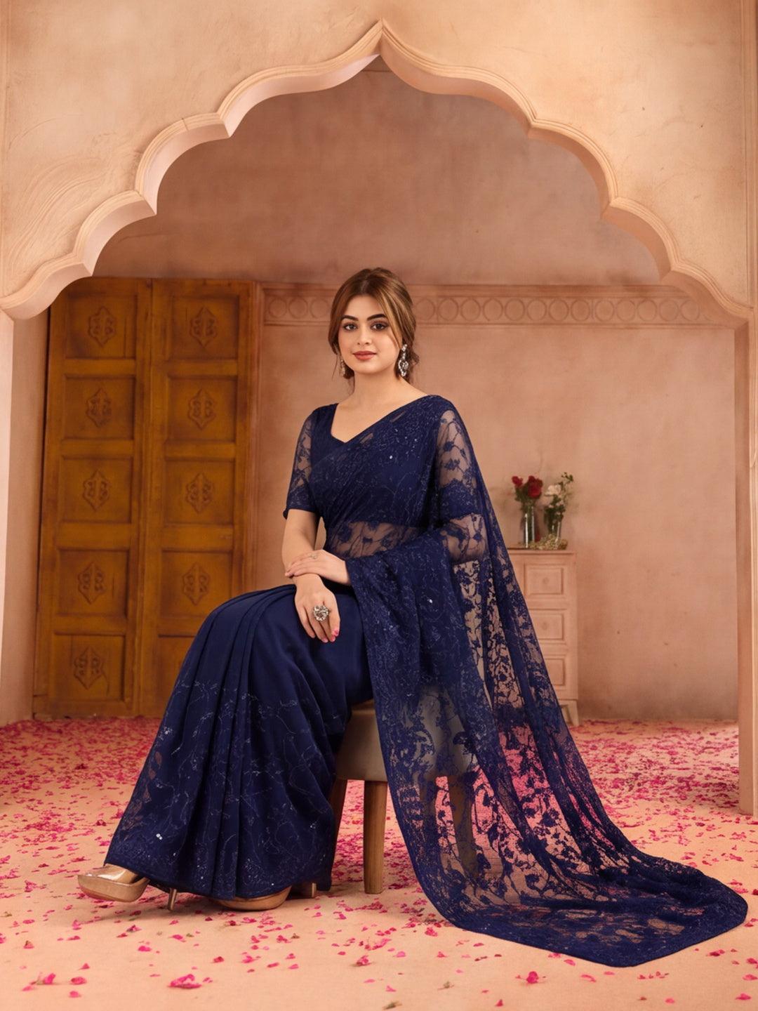 Jaipur Kurti Women'S Designer Embroderied Work Neavy Blue Saree