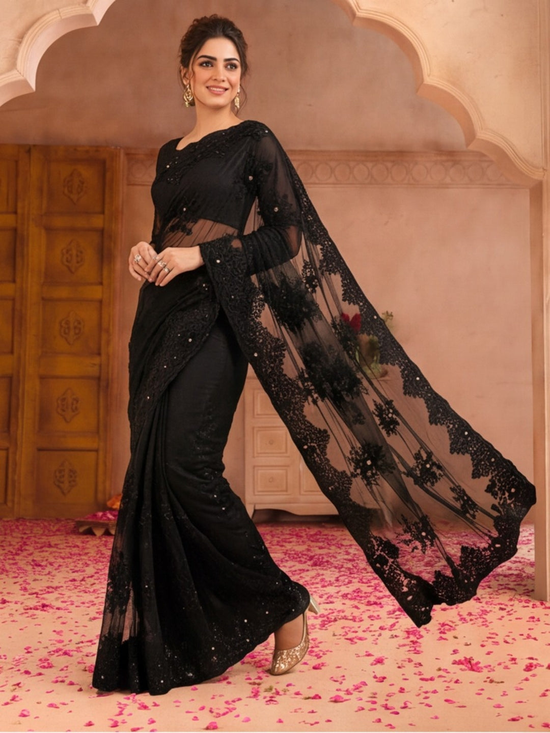 Jaipur Kurti Women'S Designer Embroderied Work Black Saree
