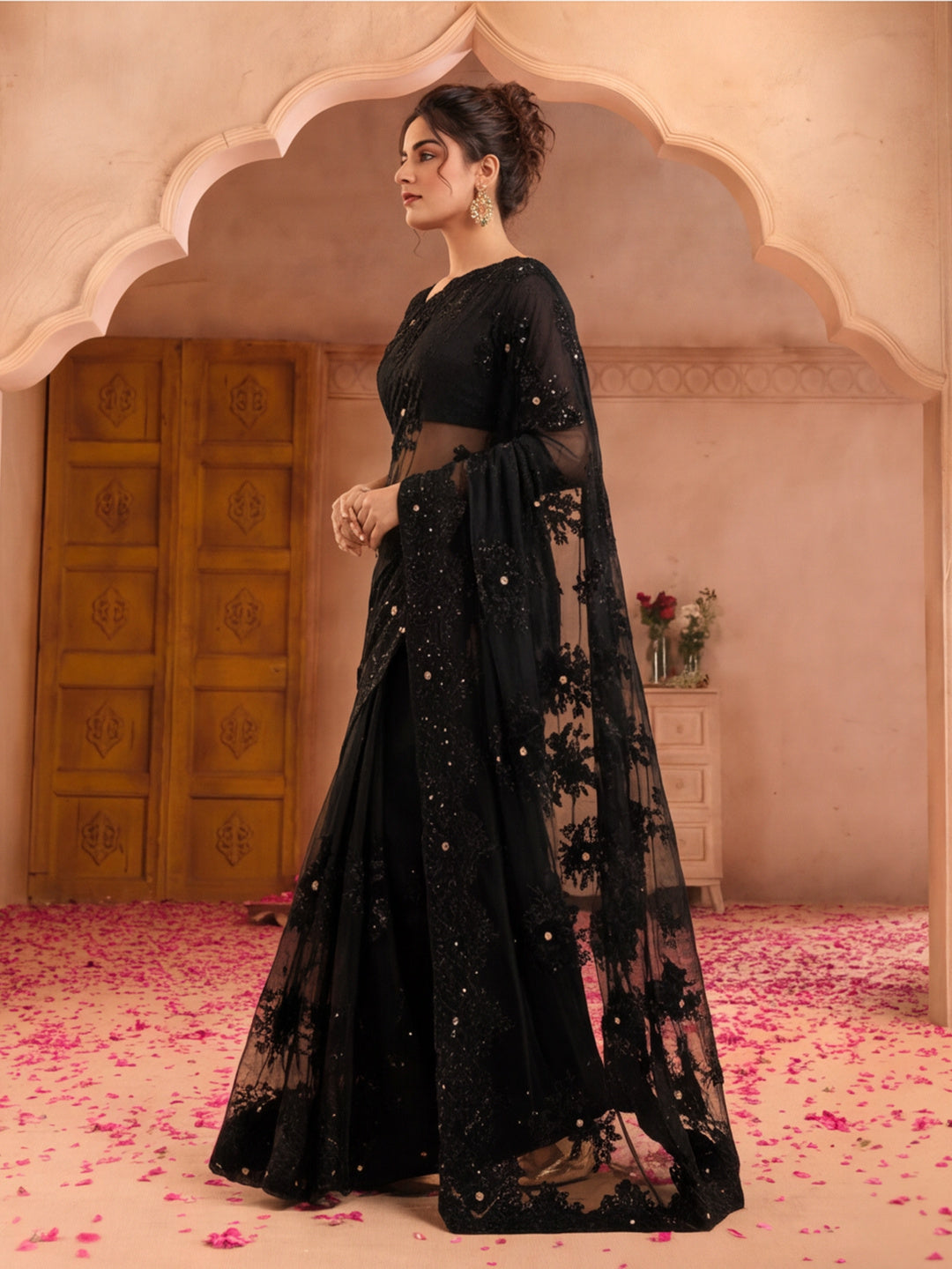 Jaipur Kurti Women'S Designer Embroderied Work Black Saree