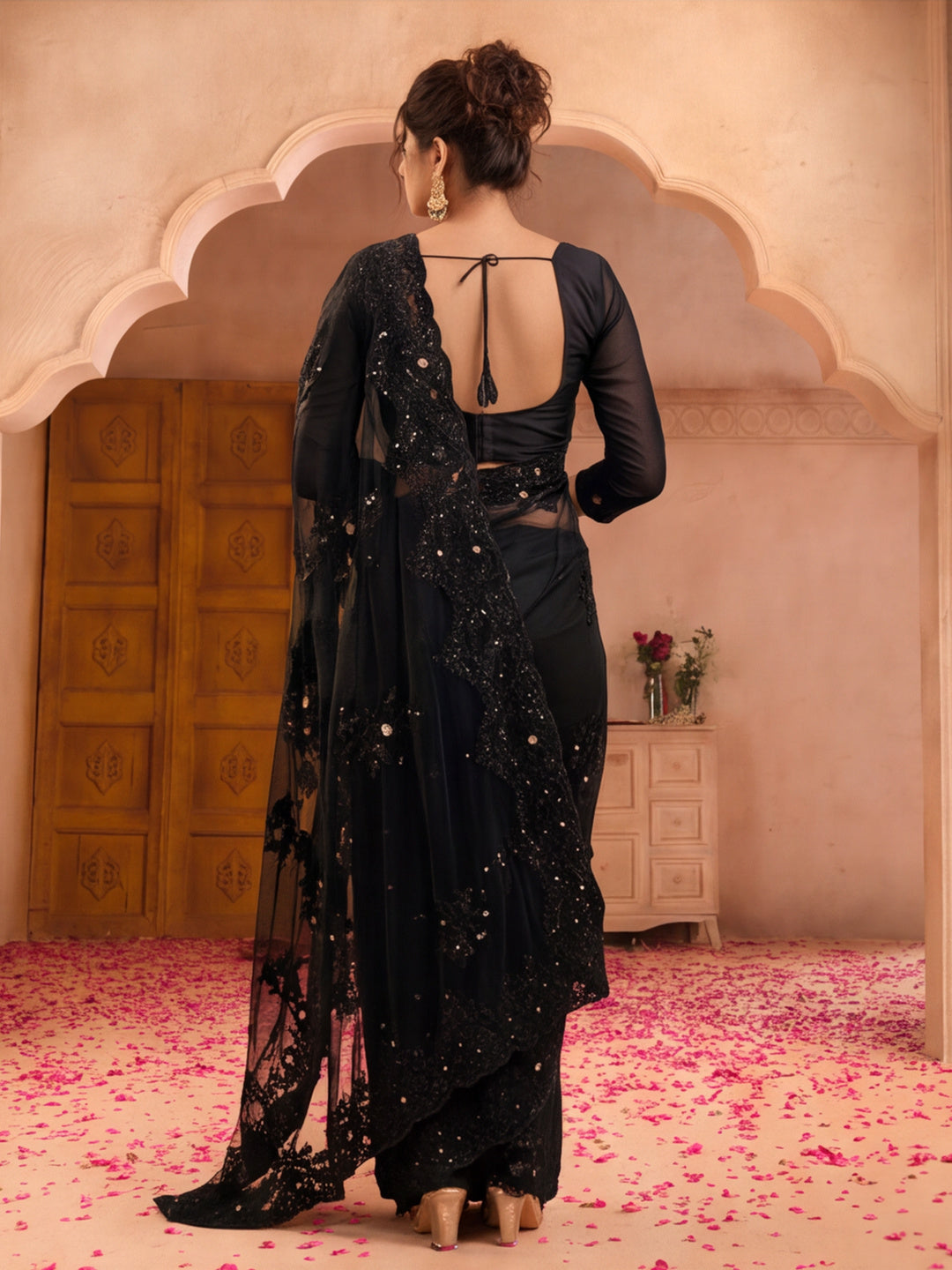 Jaipur Kurti Women'S Designer Embroderied Work Black Saree