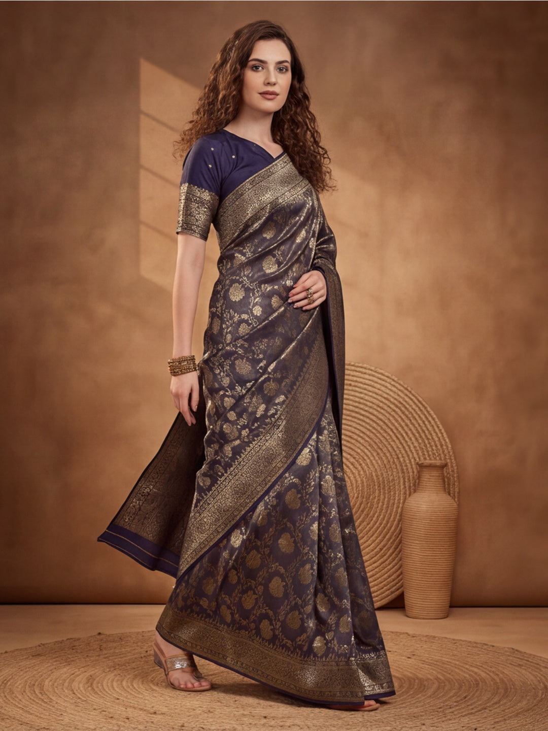 Captivating Navy Blue Weaving Work Banarasi Silk Saree - By Jaipur Kurti