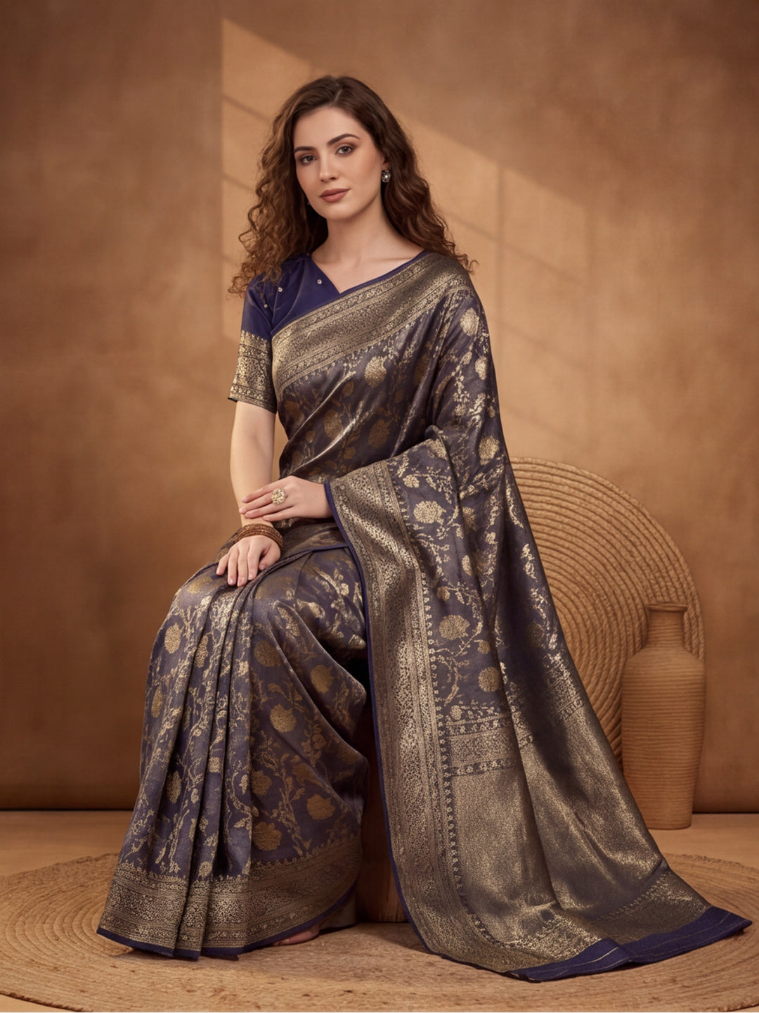 Captivating Navy Blue Weaving Work Banarasi Silk Saree - By Jaipur Kurti